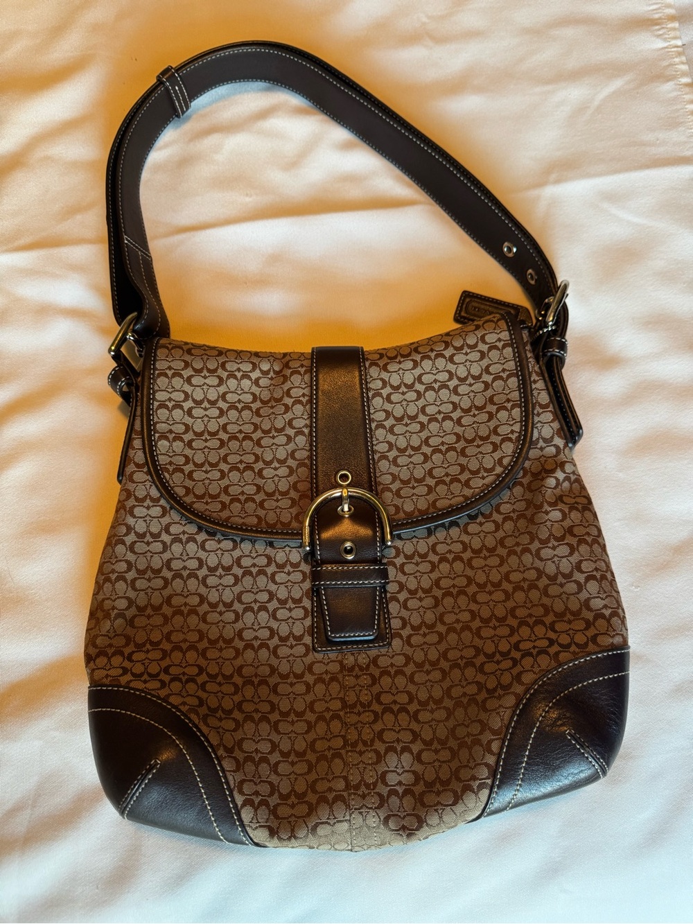 Coach Brown Vintage Signature Canvas Shoulder Bag with Dark Brown Leather Trim